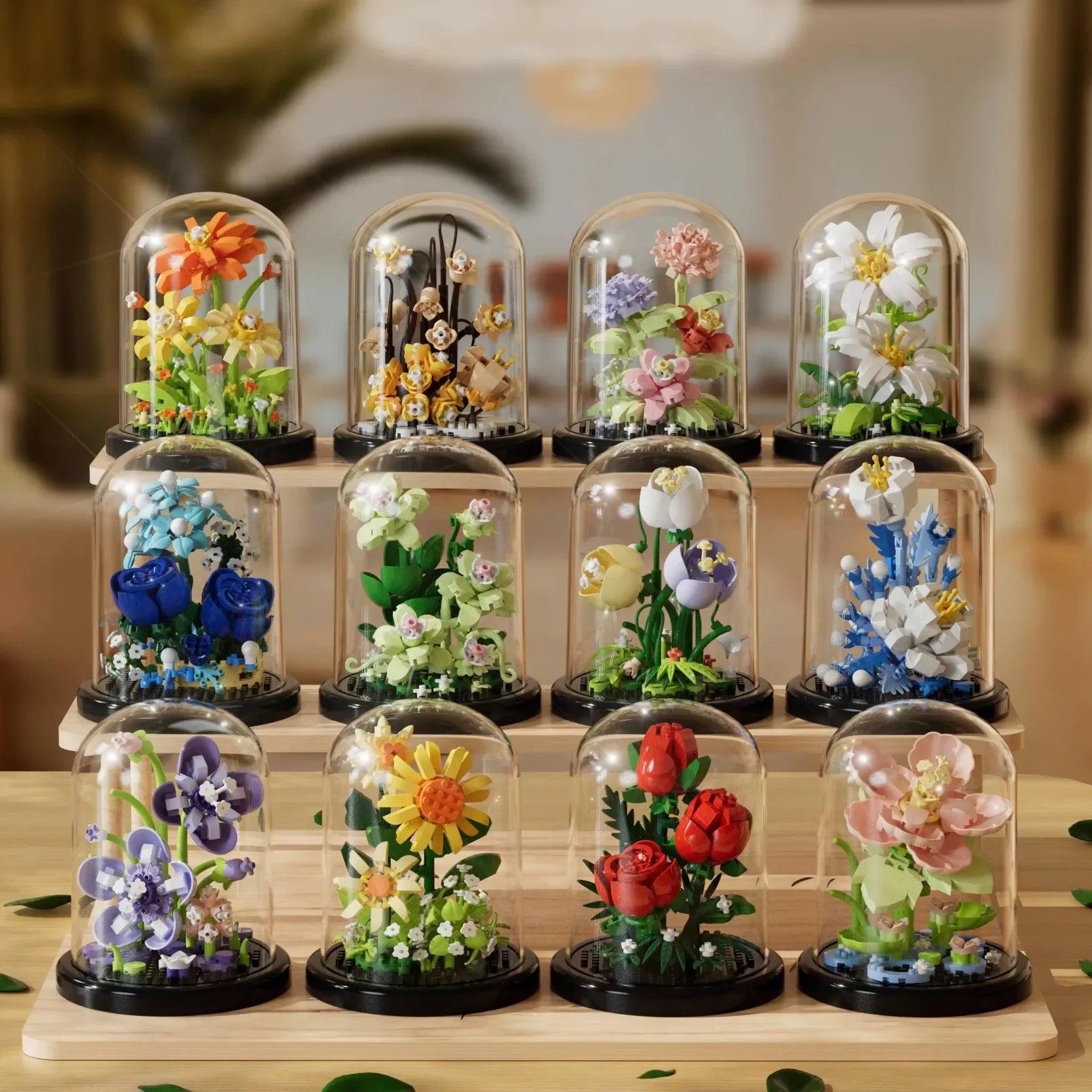 Flower Bouquet Bonsai Building Blocks Artificial Plastic Plant Dust Cover Micro Model Home Decoration Toy For Kid Birthday Gift - Zyphora