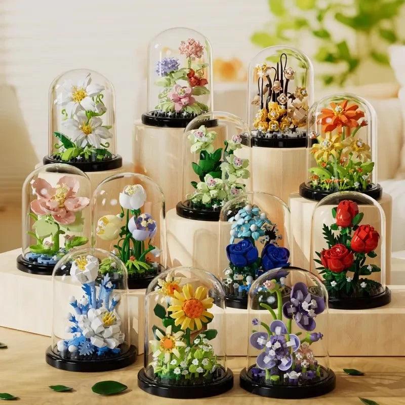 Flower Bouquet Bonsai Building Blocks Artificial Plastic Plant Dust Cover Micro Model Home Decoration Toy For Kid Birthday Gift - Zyphora